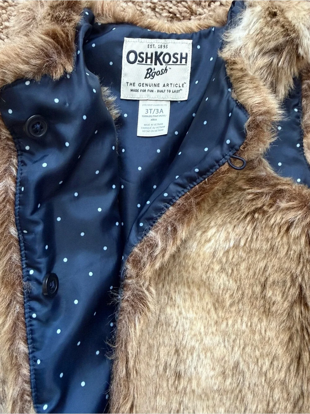 OshKosh B’gosh Girls 3T Brown Faux Fur Vest Navy Polka Dot Lining